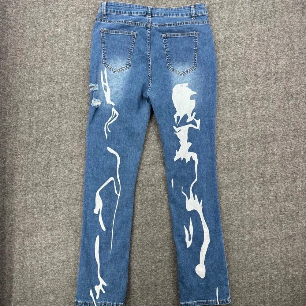 Womens Blue Abstract Graphic Print Distressed Straight Leg High Rise Jeans 30